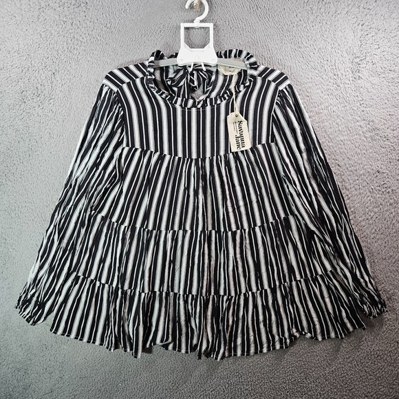 NEW Savanna Jane Top Blouse Women 1X Tie Back Long Sleeve White Black Striped - Picture 1 of 8